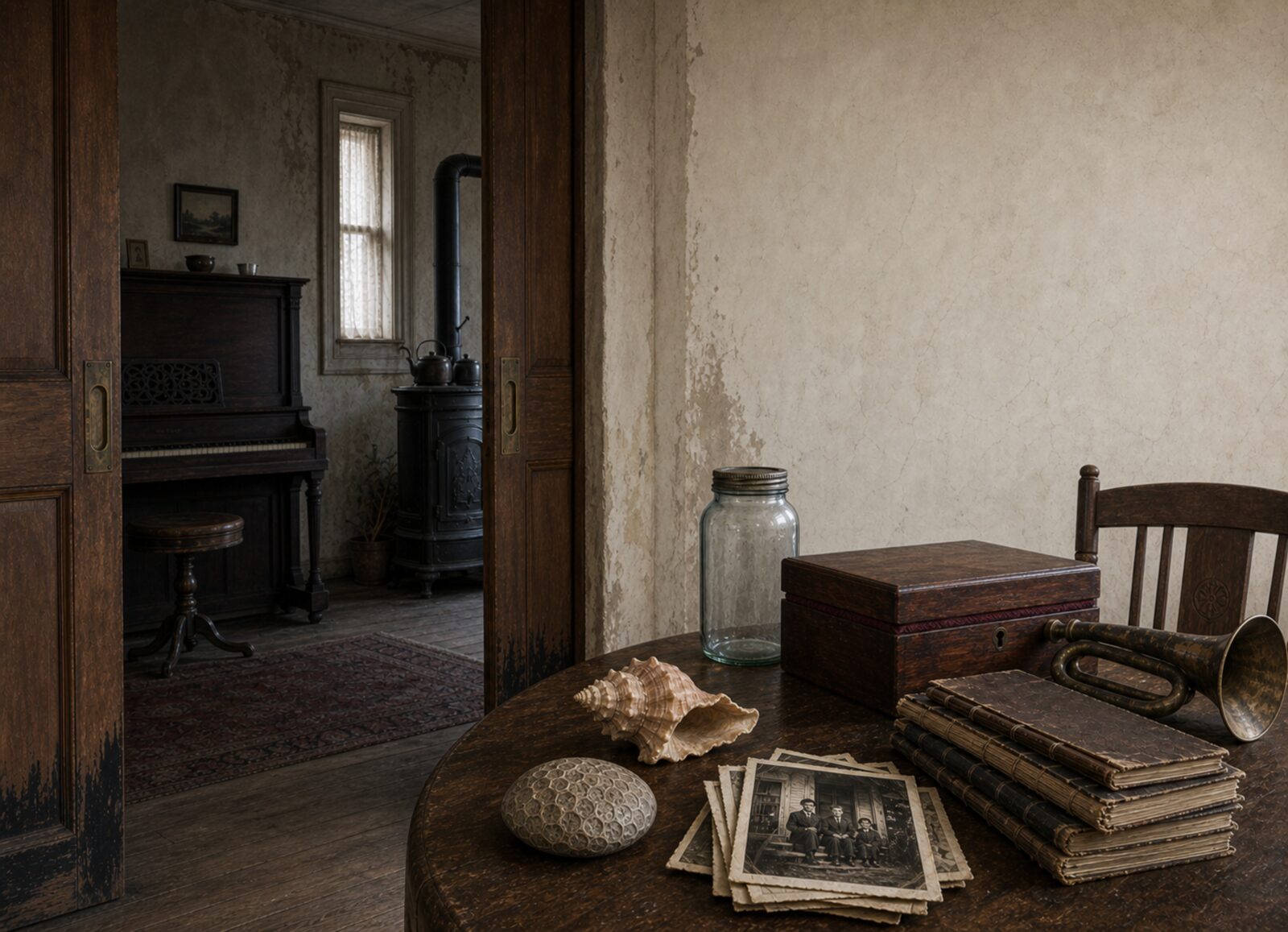 Two rooms connected by an open doorway, with evidence arranged on a table in the foreground and a quiet room beyond.