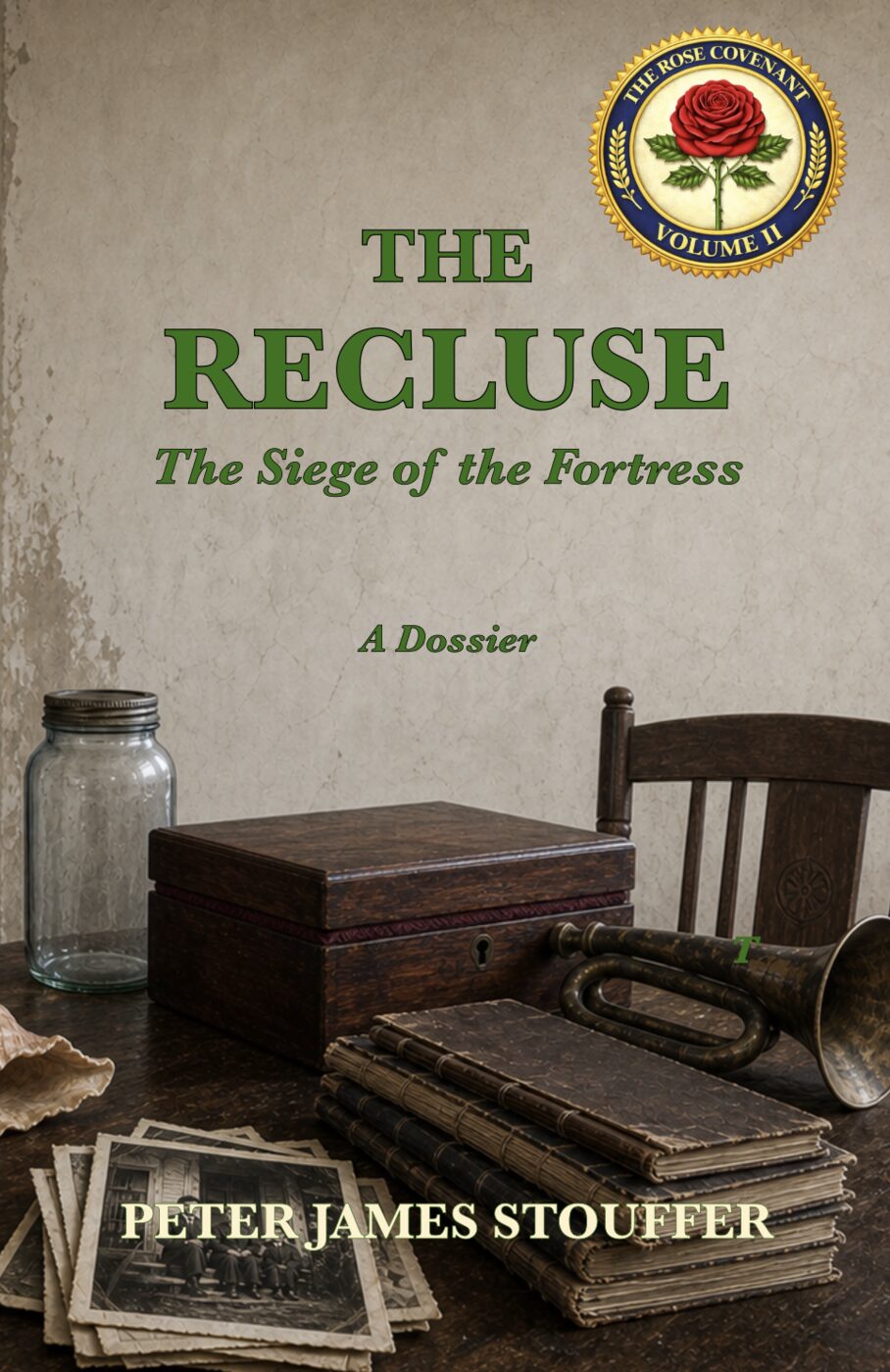 A table arranged with a mason jar, locked wooden box, journals, photographs, and other evidence from The Recluse.