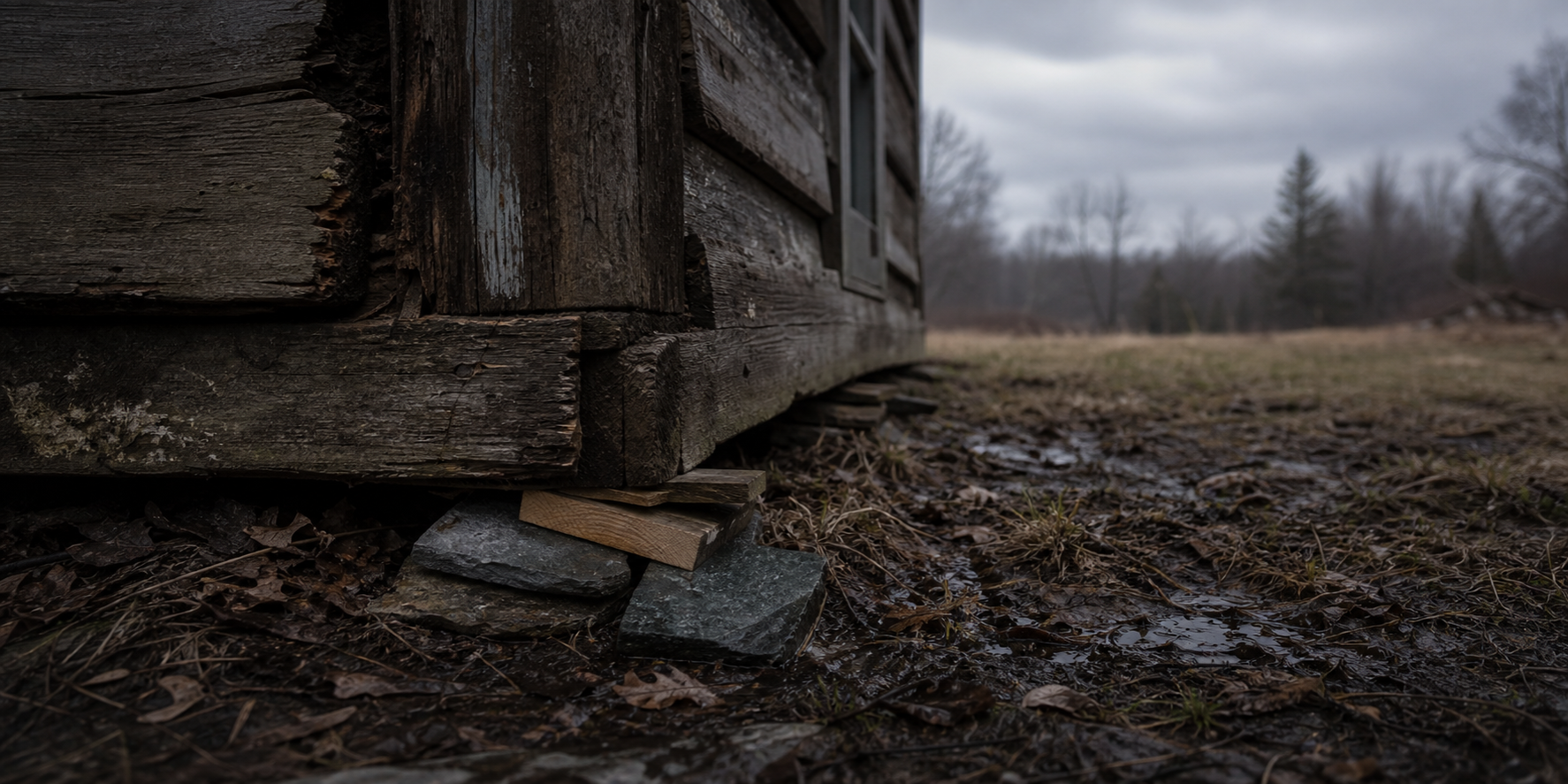 A weathered cabin corner shimmed with slate and wood above wet Michigan muck.