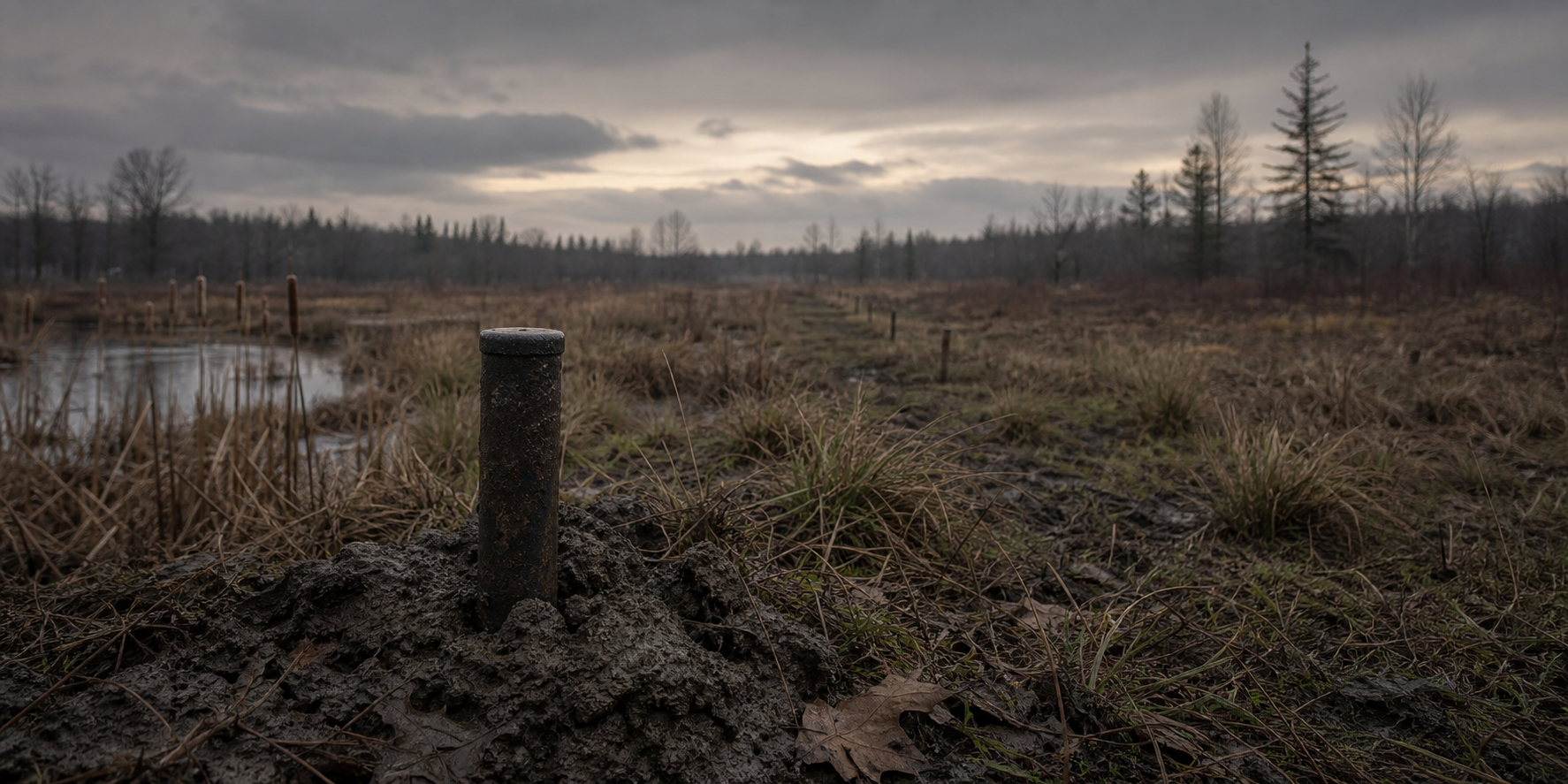A weathered section-corner post in rough ground, marking survey lines against the land.