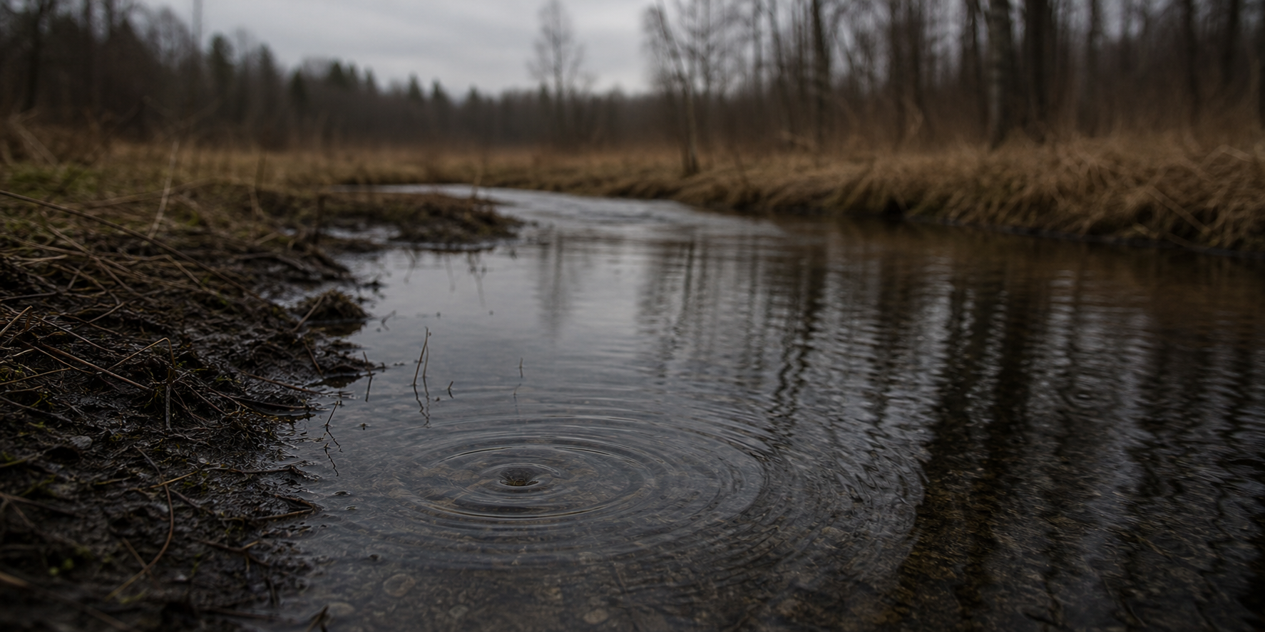 A small stone beneath the surface of a dark Michigan stream, sending quiet rings through the water.