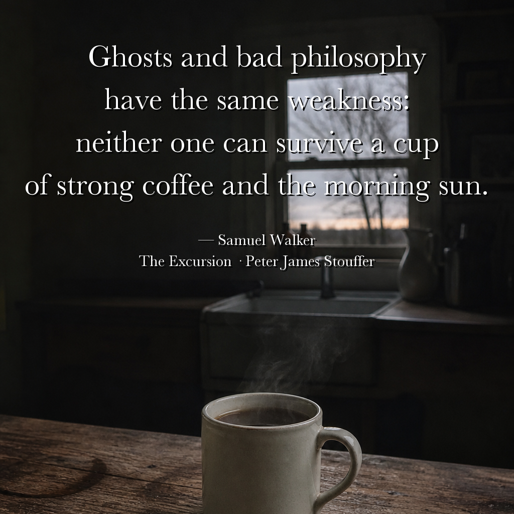 Quote image for The Excursion: Ghosts and bad philosophy have the same weakness: neither one can survive a cup of strong coffee and the morning sun.