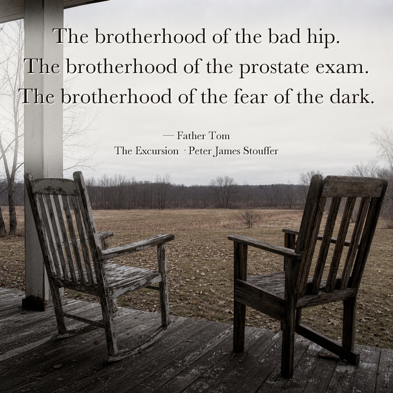 Quote image for The Excursion: The brotherhood of the bad hip. The brotherhood of the prostate exam. The brotherhood of the fear of the dark.